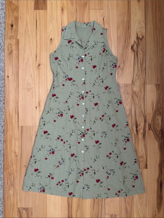 Dresses & Skirts - Sleeveless Linen Cotton Floral Print V Neck Collared A-line Midi Dress | Size L